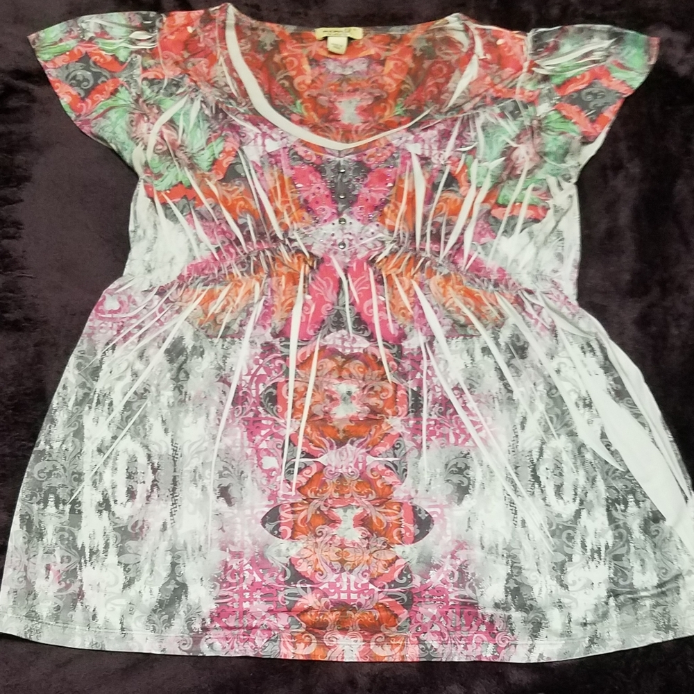 OneWorld V-Neck Blouse Grey Pink - Sz S